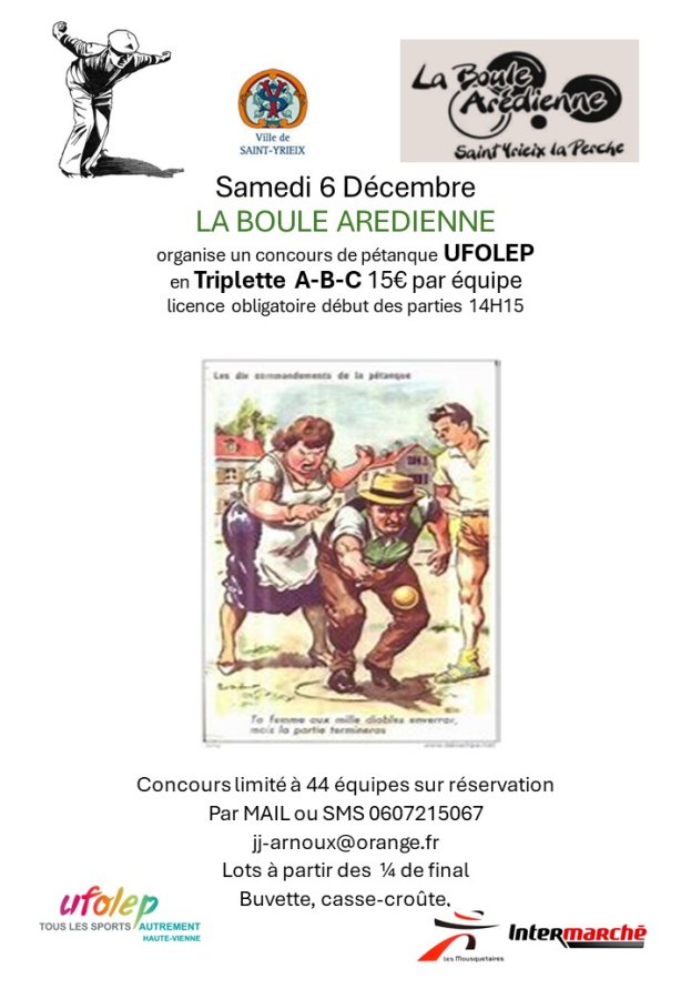 CONCOURS TRIPLETTES ST YRIEIX LIMITE 44 EQUIPES SUR RESERVATIONS AU 06 16 80 32 80