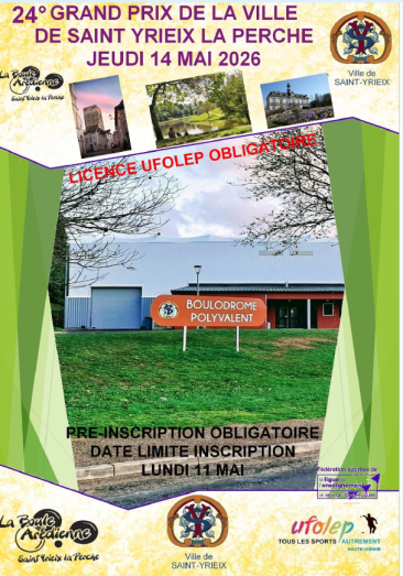 GRAND PRIX DE ST YRIEIX DOUBLETTES + jeunes TLJ SUR INSCRIPTIONS PAR SMS au 06.07.21.50.67